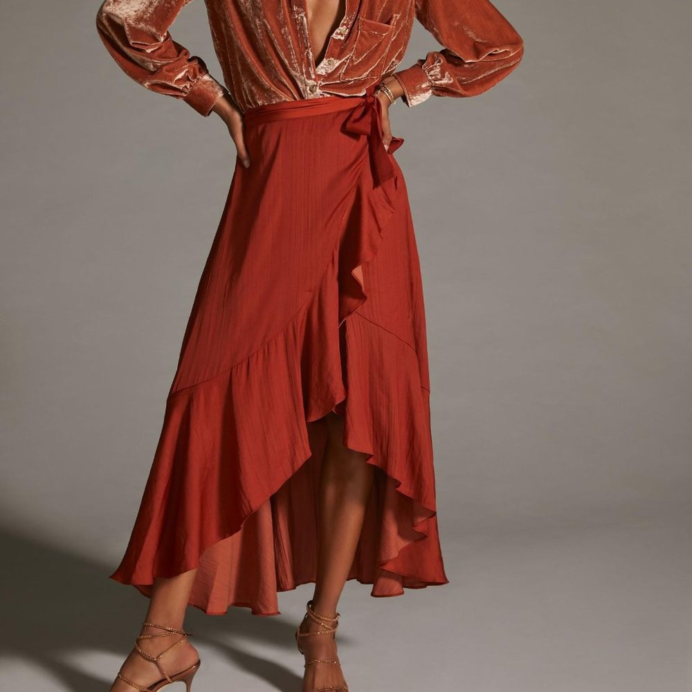 Anthropologie Maeve 2X NWT Ruffled Wrap Maxi Skirt Plus Dark Orange 120$ Plus - Picture 7 of 10